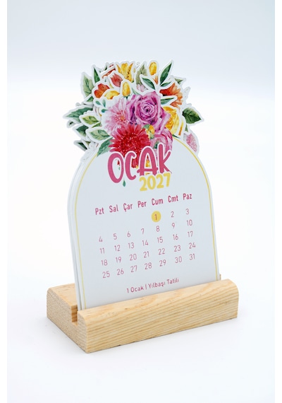 Ahşap Standlı Özel Kesim Çiçek Buketi Tasarımlı 2027 Masaüstü Takvimi 8x12 Cm - Romantik Yeni Yıl Hediyesi Çok Renkli
