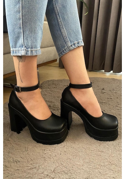 Preshley Kadın Elanor Siyah Deri Bilekten Bağlamal 12 Cm Platform Topuklu Ayakkabı-siyah Siyah