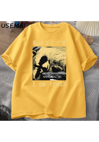 Flood Of Style Ben Çöp Japon Rakun Baskı T-shirt Harajuku Vintage Yüksek Kalite Pamuk Kısa Kollu Tişört Erke Sarı