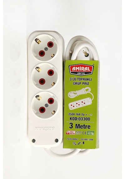 Amiral 3' Lü Topraklı 3 Metre Kablolu Grup Priz Evimdeyokyok