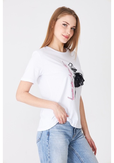 Sortie Collection Eteği Tül Detaylı Silüet Baskılı Basic Tshirt Beyaz