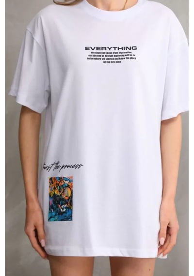Baskılı Unisex Günlük Stil Beyaz Bulut Efektli Oversize Tişört