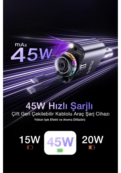45w Işıklı Ve Kokulu Araç Şarj Cihazı Hızlı Şarj Usb-c & İos Uyumlu Atmosfer Işığı 45w 1 Type C