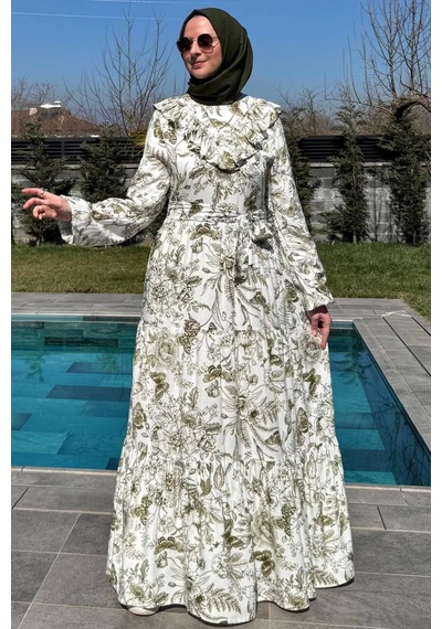 Rabia Şamlı Botanik Elbise Yeşil Normal