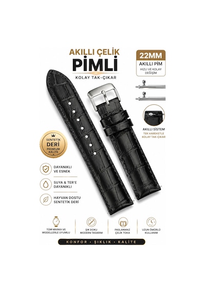 22mm Uyumlu Siyah Crocodil Desenli Deri Saat Kordonu Akıllı Pim 46mm Kasa Uyumlu Diğer
