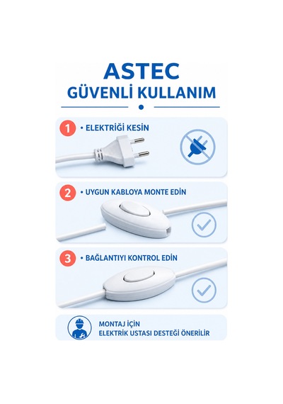 Astec Kaliteli Ara Puar Anahtar Beyaz Kablo Üstü Aç Kapa Düğmesi 5 Adet