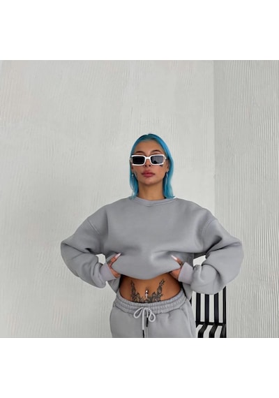 Mbb E-ticaret Kadın Bisiklet Yaka 3 İplik Pamuklu Basic Sweatshirt - Gri
