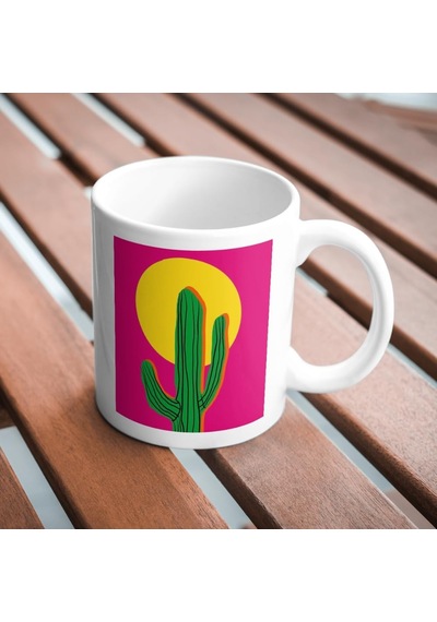 Kaktüs Baskılı Kupa Bardak Hediyelik Çay Kahve Kupası Coffee Mug Beyaz - Çok Renkli