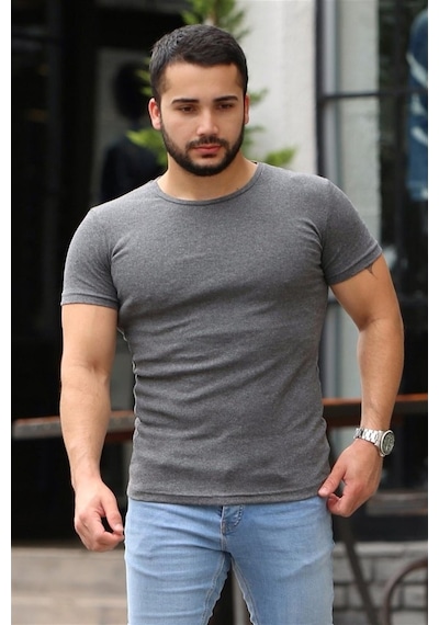 Madmext Bisiklet Yaka Antrasit Basic Tişört 4077