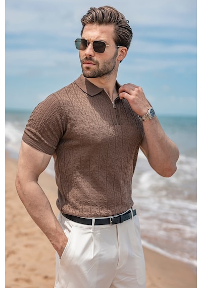 Madmext Açık Kahverengi Regular Fit Polo Yaka Triko Erkek Tişört E7503