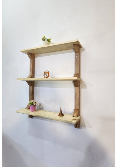 Modern 3 Katlı Ahşap Duvar Rafı Dekoratif Masif Ahşap Kitaplık Ve Duvar Rafı Bej