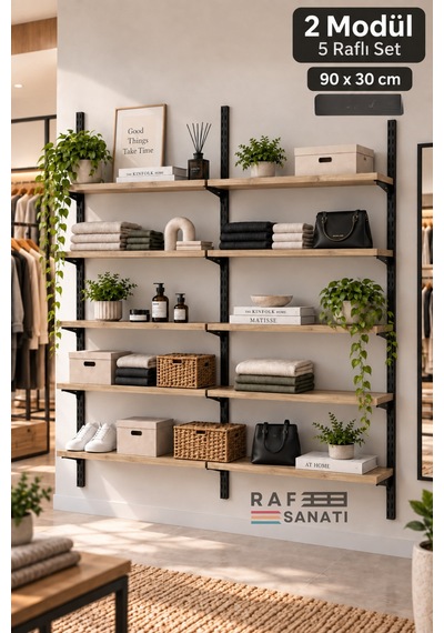 2 Modül 90x30 Cm 10 Raflı Geniş Mağaza Duvar Rafı Konik Dikme Sistem Safir Meşe Suntalam