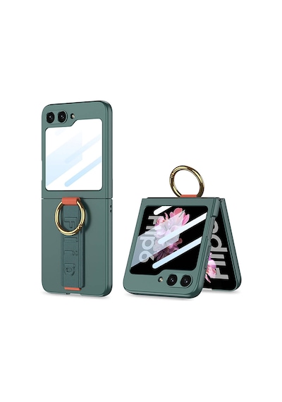 Zore Samsung Galaxy Uyumlu Z Flip 6 Kılıf Kamera Korumalı Yüzüklü Karbon Tasarımlı Omsy Flip Ring Kıpta Kapak-gri-yeşil