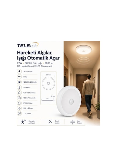 22w 3000k Gün Işığı Led Glob Pır Hareket Sensörlü Beyaz Armatür Ip 20 2000lm Diğer