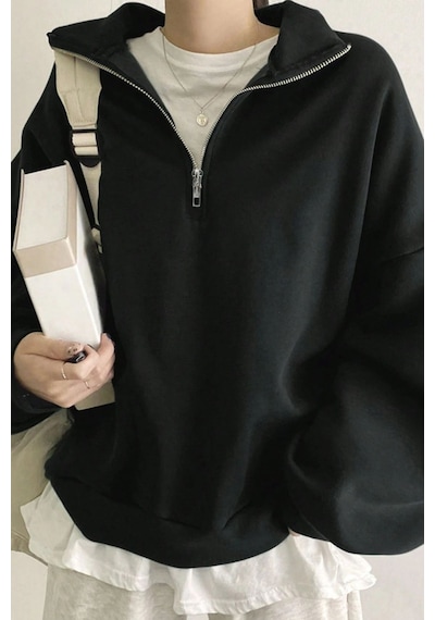 Ghassy Co. Kadın Pamuklu Oversize Silver Yarım Fermuarlı Sweatshirt Siyah