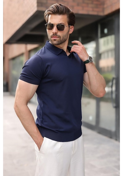 Madmext Lacivert Regular Fit Polo Yaka Triko Erkek Tişört E7502