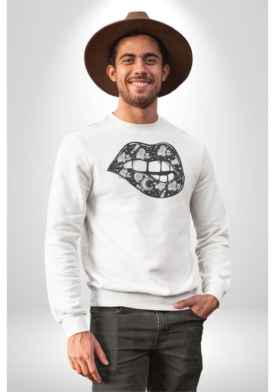 Ay Yıldız Dudak Bulut Dövme Unisex Beyaz Baskılı Sweatshirt Beyaz