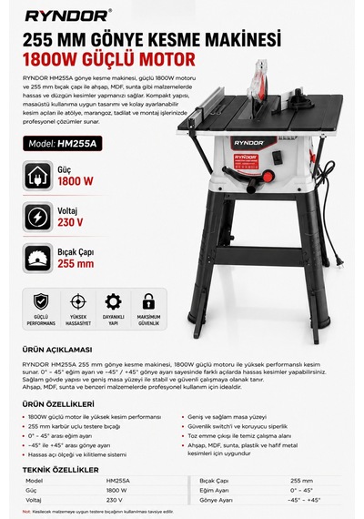 Heilber Hm255t Profesyonel Tezgah Üstü 255mm 1800w Pro Ahşap Tahta Kesme Makinesin-45 Derece Açılı