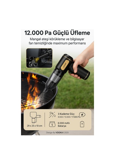 Vooka Araç İçi Süpürge & Üfleme 17.000 Pa Güçlü Çekim 12.000 Pa Üfleme 3 Kademeli,6000 Mah Batarya