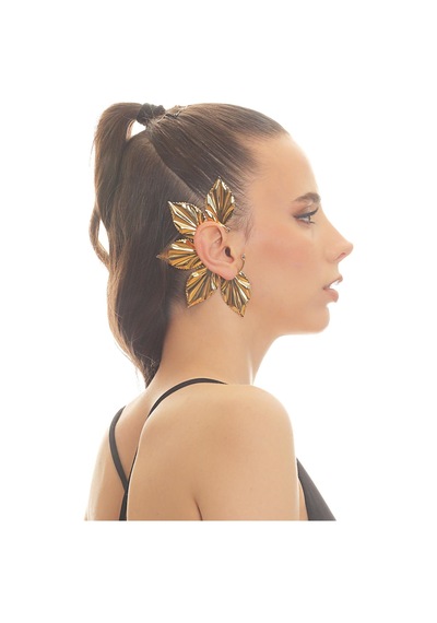 Kadın Altın Renk Lak Kaplama Zirkon Taşlı Yaprak Stilizesi Sağ Kulak Earcuff&kıkırdak Küpe Çok Renkli