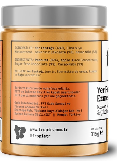 Fropie Kakao Nibli ve Çikolatalı Yer Fıstığı Ezmesi 315 G