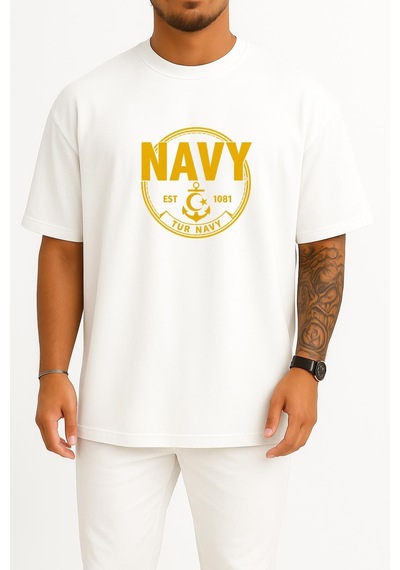Bahriyeli Collection Oversize Tur Navy Göğüs Ve Sırt Baskılı Unisex T-shirt Beyaz