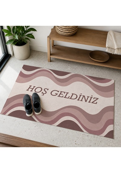 Kartela Halı Hoş Geldiniz Yazılı Retro Dalga Kapı Paspası Gül Kurusu Kaymaz Kauçuk Taban 50x75 Cm