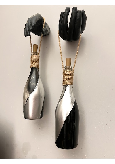 El Figürlü Duvar Lambası Pilli Led Işıklı Dekoratif Şişe Aydınlatma Rustik & Vintage El Yapımı D Gümüş - Siyah