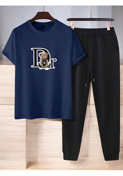 Uyguntarz Unisex Dr: Ayı Tasarım Basklı Tshirt Eşofman Takımı Lacivert