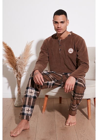 Buratti Ekoseli Regular Fit Düğmeli Bisiklet Yaka Kışlık Polar Erkek Pijama Takımı 60961002 Camel