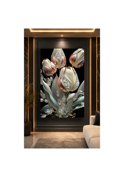 Lüks Çiçek Cam Tablo Kristal Detaylı Beyaz Ve Rose Gold Lale Çiçekleri Temalı Dekoratif Duvar Tablosu Modern Şık Salon Ve Ev Dekorasyonu Uv Baskı