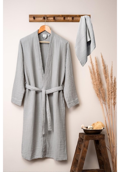 Unisex Kimono Müslin Bornoz-havlu Seti - Gri