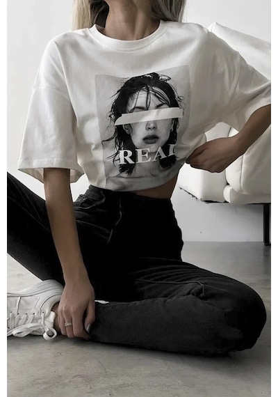 Madmext Ekru Oversize Baskılı Kadın Tişört Mg1764-ekru Ekru