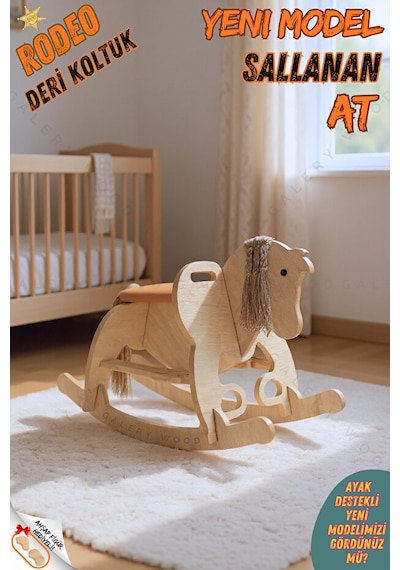 Ahşap Sallanan At-deri Koltuklu-ayak Destekli- Yeni Model -kahverengi