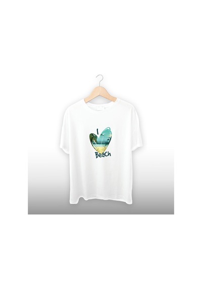 Beach Kalp Detaylı Unisex Tişört Beyaz