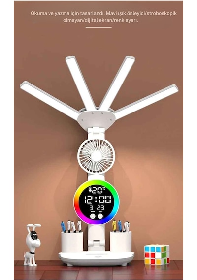 Monozone Rgb Şarjlı Led Masa Lambası Fanlı 4başlı Lamba Rgb Saat Ekranlı Kısılabilir Çalışma Lambası Beyaz
