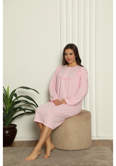Yasar Underwear Kadın Uzun Kollu Dantel Detaylı Rahat Kesim %100 Pamuk Gecelik Açık Pembe Açık Pembe