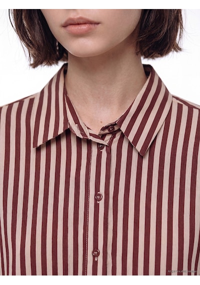 Lcw Modest Bordo Beli Kuşaklı Çizgili Gömlek Elbise