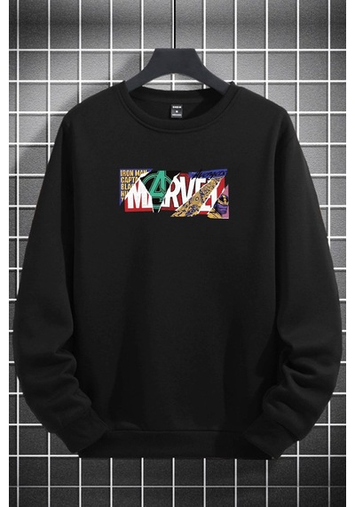 Macklin Unisex Kadın Erkek Marvel Avengers Baskılı Sıfır Yaka Sweatshirt Siyah Mck0671 Siyah