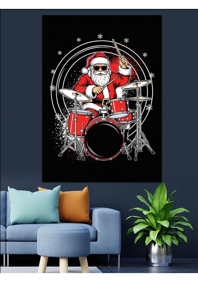 Ahşap Tablo Bateri Çalan Neşeli Noel Baba
