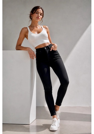 Bb Butik Basic Yüksek Bel Full Likra Dar Paça Skinny Jean Pantolon Dn0989 siyah