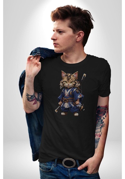 Japon Samuray Kılınç Unisex Unisex Siyah Organik Baskılı T-shirt Penye Yüksek Kalite Siyah