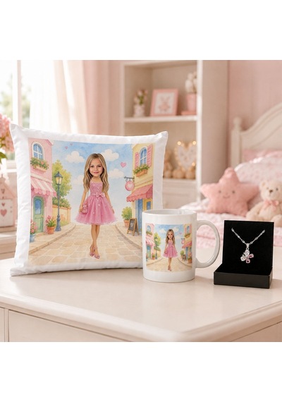 Bk Gift Kişiye Özel Karikatürlü Oyuncak Bebek Tasarımlı Kırlent Yastık & Beyaz Kupa & Kolye -9 Kız Çocuklarına Özel Hediye Seti