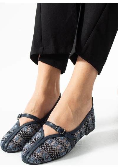 Dabab Shoes Marvena Kadın Lacivert Çapraz Bantlı Dantel Detaylı Şeffaf Dokulu Babet