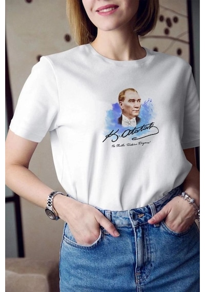 Freedom Storee Kadın Kısa Kol Yazlık Tişört Bisiklet Yaka Atatürk Baskılı T-shirt - Beyaz Çok Renkli