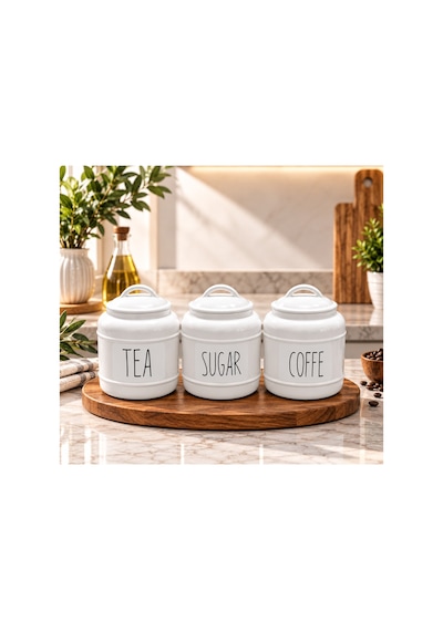 3 Lü Porselen 1000 Ml Bakliyat Baharat Çay Şeker Kahve Tea Sugar Coffe Saklama Kavanozu Kavanoz Takımı Beyaz Beyaz
