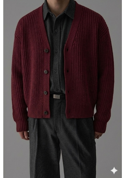 Tarz Cool Bordo Erkek Slim Fit Pamuklu Yuvarlak Yaka Düğmeli Hırka Bej