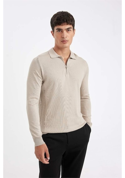 Defacto Standart Fit Normal Kesim Fermuarlı Polo Yaka Triko Kazak D0621AX24AU Bej
