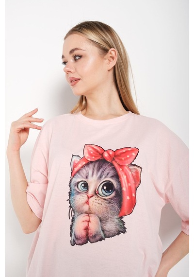 Flood Of Style Kadın Pudra Pembe Kedi Baskılı Oversize Tişört