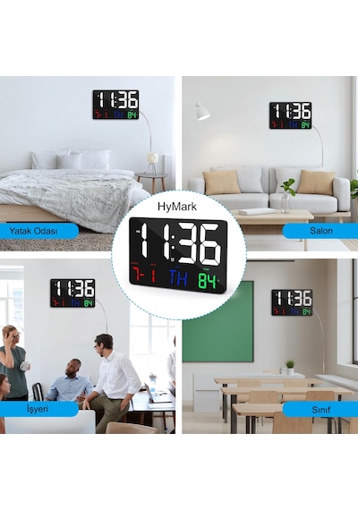 Hymark Dijital Duvar Saati Renkli Hd Led Ekran 25x16 Cm Tarih Gün Sıcaklık Alarm Usb Dekoratif Siyah